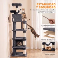 PawHut Árbol Rascador para Gatos 204 cm Multinivel con 2 Cuevas Hamaca 2 Camas Postes de Sisal Escalera 2 Bolas Gris Oscuro(m-7)