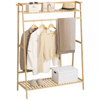 HOMCOM Perchero de Pie de Madera de Bambú para Ropa con 2 Estantes 2 Ganchos y Barra para Colgar 114x40x139 cm Natural(m-1)