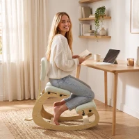 HOMCOM Scaun Ergonomic pentru Genunchi cu Spatar, Balansoar, Postural, Lemn Mesteacan, Crem(m-8)