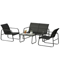 Outsunny Conjunto Jardín Exterior de 4 Piezas con Sofá de 2 Plazas 2 Sillones Mesa de Vidrio Templado Tela Textilene Gris Oscuro(m-11)