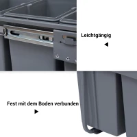 HOMCOM Inbouwafvalbak met 3 Afvalemmers voor Afvalscheiding, Railsysteem, Inbouwbaar, 3-Delig Afvalcontainerset, Grijs(m-6)