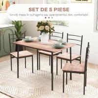 HOMCOM Set din 5 Piese cu Masă de Bucătărie Dreptunghiulară și 4 Scaune Moderne din MDF și Oțel, 110x70x75 cm , Maro(m-4)