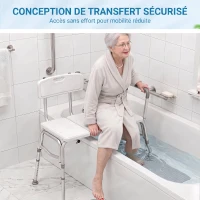 HOMCOM Banc de Transfert Baignoire, Hauteur Réglable à 10 Niveaux, Large Assise, Dossier, Accoudoir, 86x60x89-101cm, Blanc(m-4)