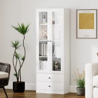 HOMCOM Aparador de Cocina con Armario y 2 Cajones, Puertas de Vidrio y Estantes Regulables, 59x30x164 cm, Blanco(m-2)