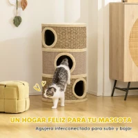 PawHut Barril Rascador para Gatos de 3 Niveles Altura 79 cm Tonel de Escalada con Cama Cubierto de Sisal Caqui y Café(m-4)