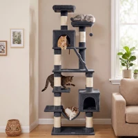 PawHut Árbol Rascador para Gatos 204 cm Multinivel con 2 Cuevas Hamaca 2 Camas Postes de Sisal Escalera 2 Bolas Gris Oscuro(m-9)