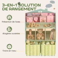 AIYAPLAY Meuble rangement enfant, bibliothèque enfants avec étagères ouvertes et 2 tiroirs en tissu, MDF, vert(m-4)