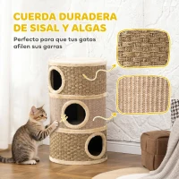 PawHut Barril Rascador para Gatos de 3 Niveles Altura 79 cm Tonel de Escalada con Cama Cubierto de Sisal Caqui y Café(m-6)