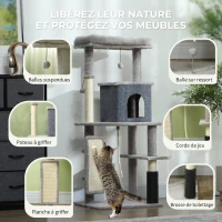 PawHut Arbre à Chat Tour de Jeux pour Chats Centre d'Activités avec Poteaux à Griffer en Sisal Niche Hauteur 132 cm Gris(m-5)