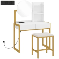 HOMCOM Tocador de Maquillaje con Espejo y Taburete Acolchado Estación de Carga 2 Cajones 3 Estantes para Dormitorio Blanco(m-1)
