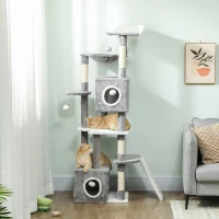 PawHut Albero Tiragraffi per Gatti con 2 Casette, Rampa, Trespoli e 4 Palline, 48x40x165 cm, Grigio e Bianco(m-10)