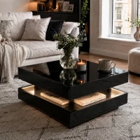 Stylish High Gloss Coffee Table with Rotating Top, 16-Colour LED Light, Rectangular Occasional Table with Lift Top, 70x70x36 cm, Black(m-1)