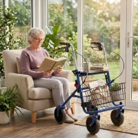 HOMCOM Déambulateur 4 roues pliable, rollator en acier inoxydable, siège rembourré en PU, poignée réglable, bleu(m-17)