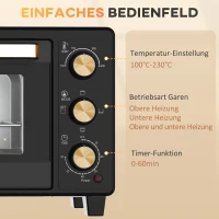 HOMCOM Mini-Oven, Toasteroven met Timer, Rooster, Bakplaat, Glazen Venster, Metaal, Zwart(m-7)