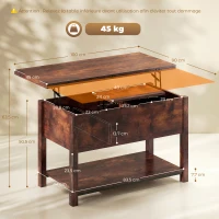 HOMCOM Table basse relevable et extensible table de salon avec compartiment caché étagère ouverte 100x45x50,5cm brun rustique(m-3)