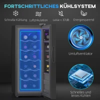 HOMCOM Wijnkoelkast voor 12 flessen, met glazen deur, drankkoelkast met LED-licht, touchscreen, zwart(m-4)