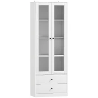HOMCOM Aparador de Cocina con Armario y 2 Cajones, Puertas de Vidrio y Estantes Regulables, 59x30x164 cm, Blanco(m-1)