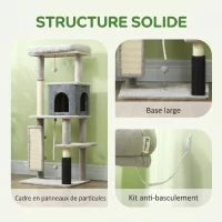 PawHut Arbre à Chat Tour de Jeux pour Chats Centre d'Activités avec Poteaux à Griffer en Sisal Niche Hauteur 132 cm Gris(m-6)