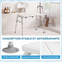 HOMCOM Banc de Transfert Baignoire, Hauteur Réglable à 10 Niveaux, Large Assise, Dossier, Accoudoir, 86x60x89-101cm, Blanc(m-6)