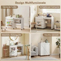 HOMCOM Mobile per Macchina da Cucire Pieghevole con 2 Contenitori, Mensola Inferiore, 18 Pioli per Bobine, Ruote, Bianco(m-6)