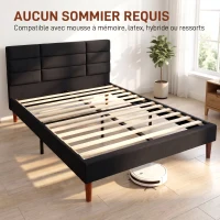 HOMCOM Cadre de Lit 140 x 200 cm avec Sommier Bois, Lit Double Rembourré en Effet Lin, Rangement au-dessous, Sans Bruit, Noir(m-7)