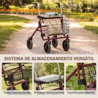 HOMCOM Andador para Ancianos Plegable con Asiento 4 Ruedas Altura Ajustable Frenos de Maneta Cesta Bandeja Porta Bastón Rojo(m-6)