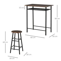 HOMCOM Bartafel Set, 3-delig, Tafel & 2 Krukken, Opbergrek, Industrieel Ontwerp, Zwart/Eiken(m-3)