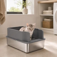 PawHut Arenero para Gatos de Acero Inoxidable L con Bandeja de Tamizado Borde Alto Pala y 10 Empapadores Gris Oscuro(m-9)