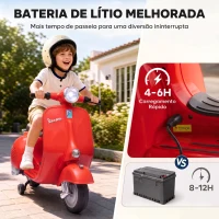 AIYAPLAY Mota Elétrica Infantil VESPA com Arranque Suave, Rodas de Apoio, Luz, Música e USB - Vermelho(m-5)
