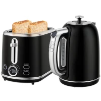 HOMCOM Set waterkoker en broodrooster, LED-display, 1,7 liter, 2200 W, retro-design, geheugenfunctie, zwart(m-11)