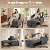 HOMCOM Fotoliu Extensibil 4 în 1 Tapițat, Rabatabil 3 Poziții, Catifea cu Roți, 73x90x83 cm, Gri Închis(m-4)