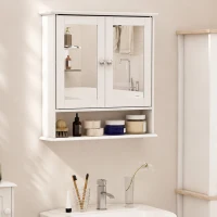 kleankin Armario de Baño con Espejo, Armario de Pared con 2 Puertas, Estante Abierto, Estante Ajustable, Mueble de Baño Colgar para Cocina, Salón, 56x13x58 cm, Blanco(m-2)