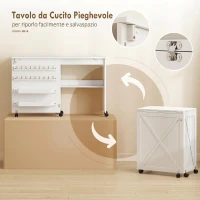 HOMCOM Mobile per Macchina da Cucire Pieghevole con 2 Contenitori, Mensola Inferiore, 18 Pioli per Bobine, Ruote, Bianco(m-5)