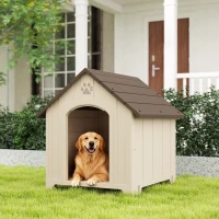 PawHut Căsuță pentru câini de exterior, talie mare și XL, căsuță din plastic impermeabil cu bază ridicată, ferestre și acoperiș înclinat pentru grădină, curte, terasă, casă, 102x94x103 cm, Bej(m-10)