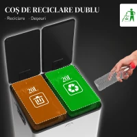 HOMCOM Coș de Gunoi cu 2 Compartimente de 20L cu Închidere Silențioasă, din Oțel Inoxidabil și PP, 45.8x36x51.6 cm(m-4)