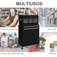 HOMCOM Carro de Herramientas con Baúl Superior 6 Cajones Armario Cerradura 4 Ganchos para Garaje Hogar Negro(m-5)