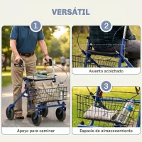 HOMCOM Andador para Ancianos Plegable con Asiento 4 Ruedas Altura Ajustable Frenos de Maneta Cesta Bandeja Porta Bastón Azul(m-4)