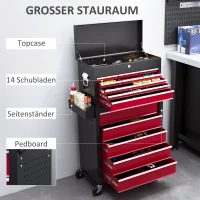 HOMCOM Gereedschapswagen, Tweedelig, Afsluitbaar, 14 Laden, Zijwand met Gaten, Staal, Rood(m-4)