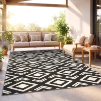 Outsunny Outdoor Teppich robuster Wetterfest Outdoorteppich mit Tragtasche, faltbar Carpet Boho-Style 182 x 274 cm Schwarz+Weiß(m-9)
