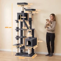 PawHut Árbol Rascador para Gatos 204 cm Multinivel con 2 Cuevas Hamaca 2 Camas Postes de Sisal Escalera 2 Bolas Gris Oscuro(m-3)
