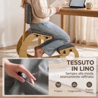 HOMCOM Sedia Ergonomica Inginocchiata in Tessuto Effetto Lino e Compensato di Betulla, Grigio(m-6)