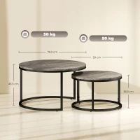 HOMCOM 2-delige set ronde salontafels, stapelbare bijzettafels met metalen frame, woonkamertafel met marmerlook, Koffietafel, Grijs(m-3)