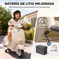 AIYAPLAY Moto Eléctrica para Niños Licencia VESPA Arranque Suave Ruedines Desmontables Luz Delantera Música, Bocina USB Blanco(m-6)