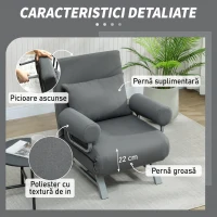 HOMCOM Fotoliu Extensibil 3 în 1 cu Spătar Reglabil pe 5 Nivele, din Material cu Efect de In, 73x78x81 cm, Gri Închis(m-6)