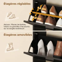 HOMCOM Meuble à chaussures 16 paires armoire à chaussures 4 tiroirs rabattables 2 portes en miroir étagères réglables noir(m-6)