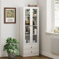HOMCOM Aparador de Cocina con Armario y 2 Cajones, Puertas de Vidrio y Estantes Regulables, 59x30x164 cm, Blanco(m-9)