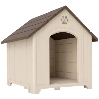 PawHut Căsuță pentru câini de exterior, talie mare și XL, căsuță din plastic impermeabil cu bază ridicată, ferestre și acoperiș înclinat pentru grădină, curte, terasă, casă, 102x94x103 cm, Bej(m-1)