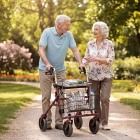 HOMCOM Andador para Ancianos Plegable con Asiento 4 Ruedas Altura Ajustable Frenos de Maneta Cesta Bandeja Porta Bastón Rojo(m-2)