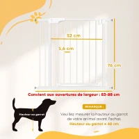 PawHut Barrière de Sécurité pour Chiens et Bébés 76 à 88 cm avec Extension, Fixation par Pression sans Perçage, 76 à 88 cm, Blanc(m-3)