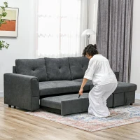 HOMCOM 3-Zit Slaapsofa met bedfunctie, slaapbank met chaise longue, gestoffeerde bank, Donkergrijs(m-7)